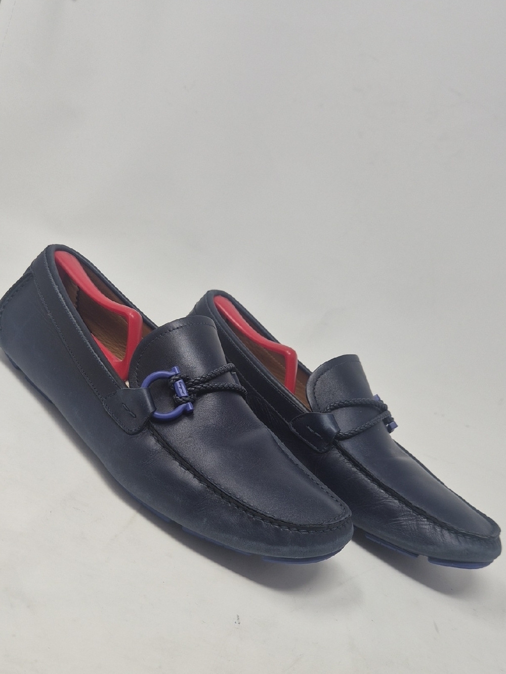Salvatore Ferragamo Navy Leather Slip-On Loafers.